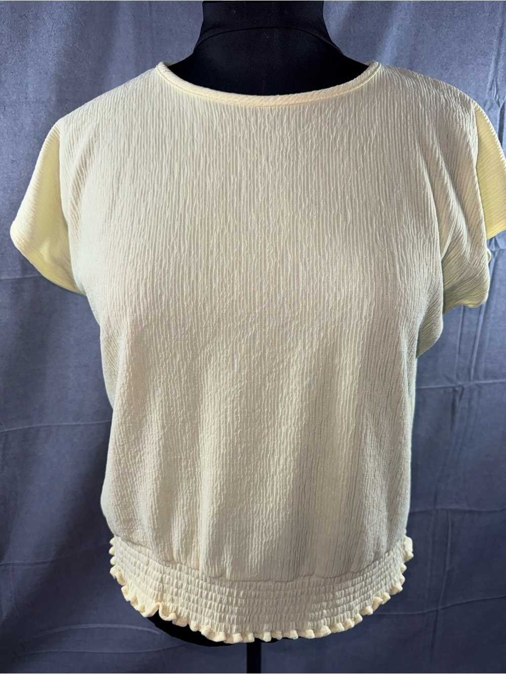 2842-Bedford Fair VintageWomen's Cream Short-Sleeve Textured Top w/ Shirred Hem